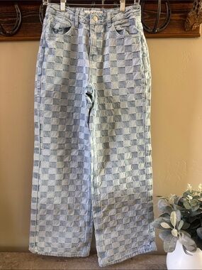 Light Blue Checkered Women's Wide-Leg Jeans